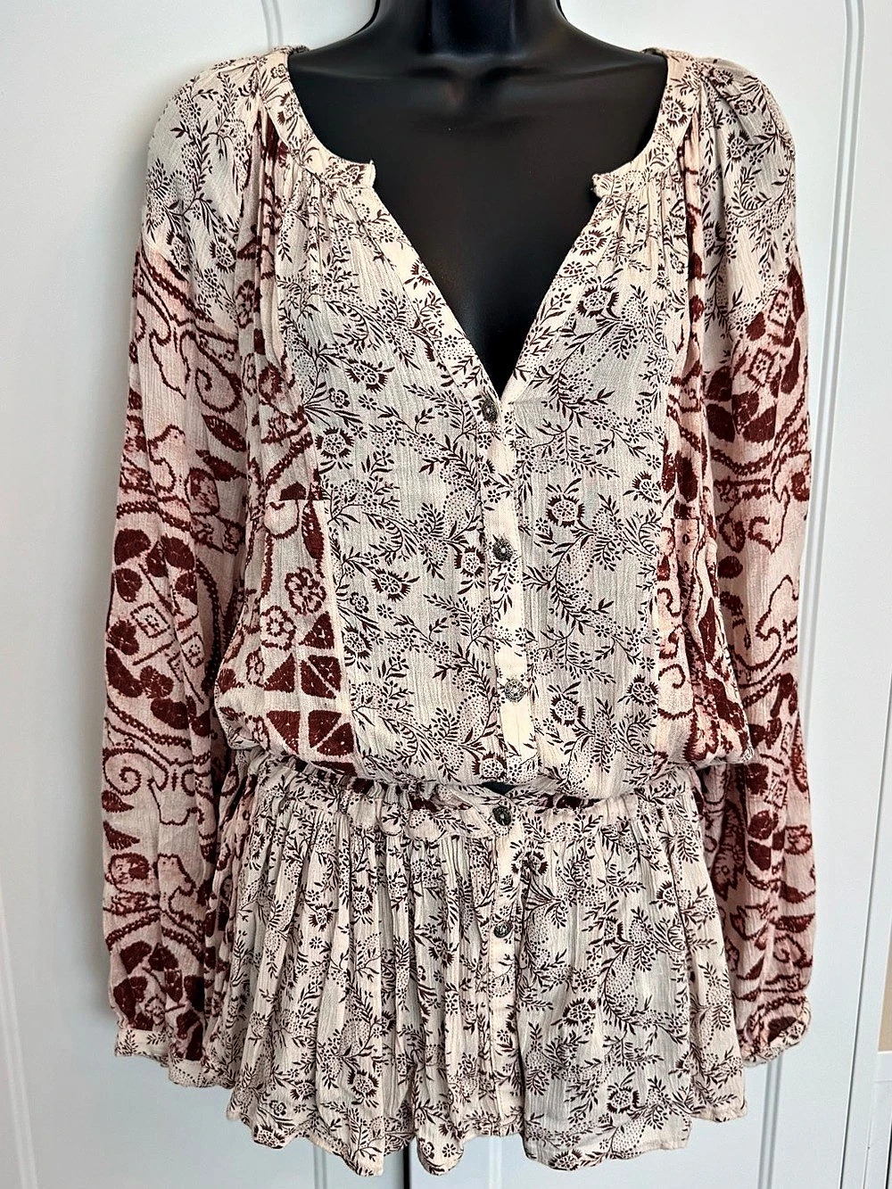 Free People Women’s L Cream Burgundy Floral Boho Button Front Peplum Blouse
